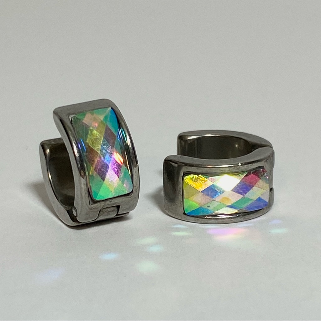 2/$25 Oxidized Silver Rainbow Pastel Iridescent Faceted Stone Hoops Hug